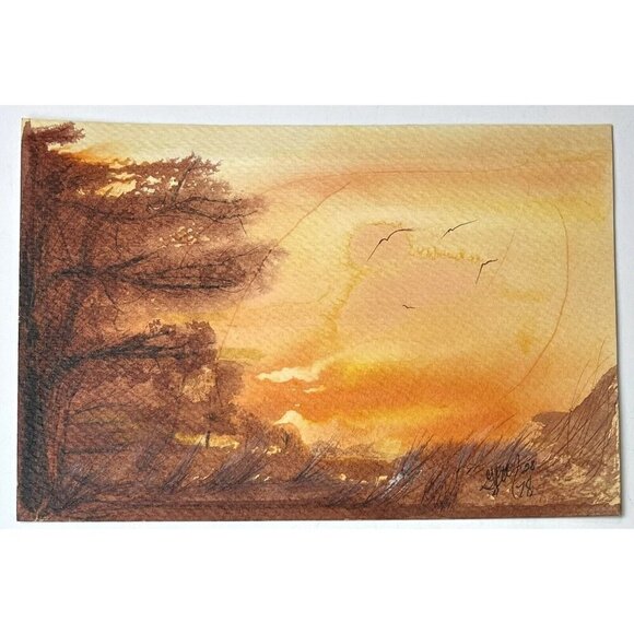 VTG 1978 Pair 9"x6” Orange Landscape WATERCOLOR Original Fine Art Signed G. REY - Picture 2 of 4
